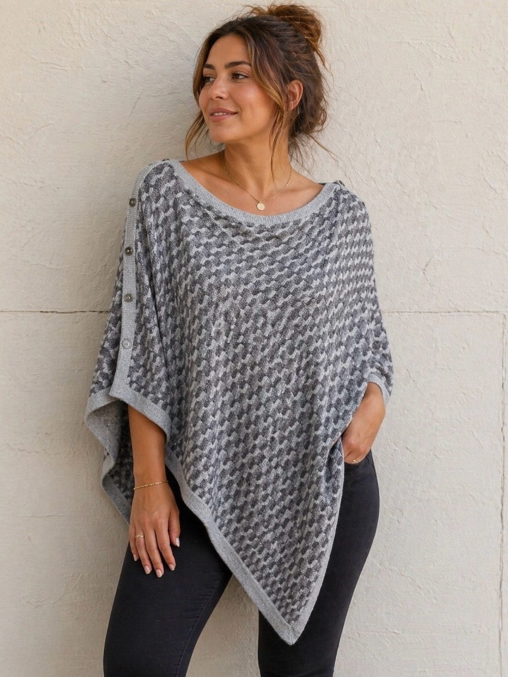 White House Black Market gray poncho, metallic thread. Womens size medium.